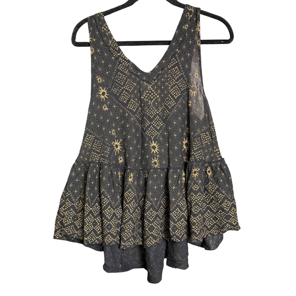 Free People Intimately Black Gold Sun Celestial Peplum Tank Top XS Boho Whimsi